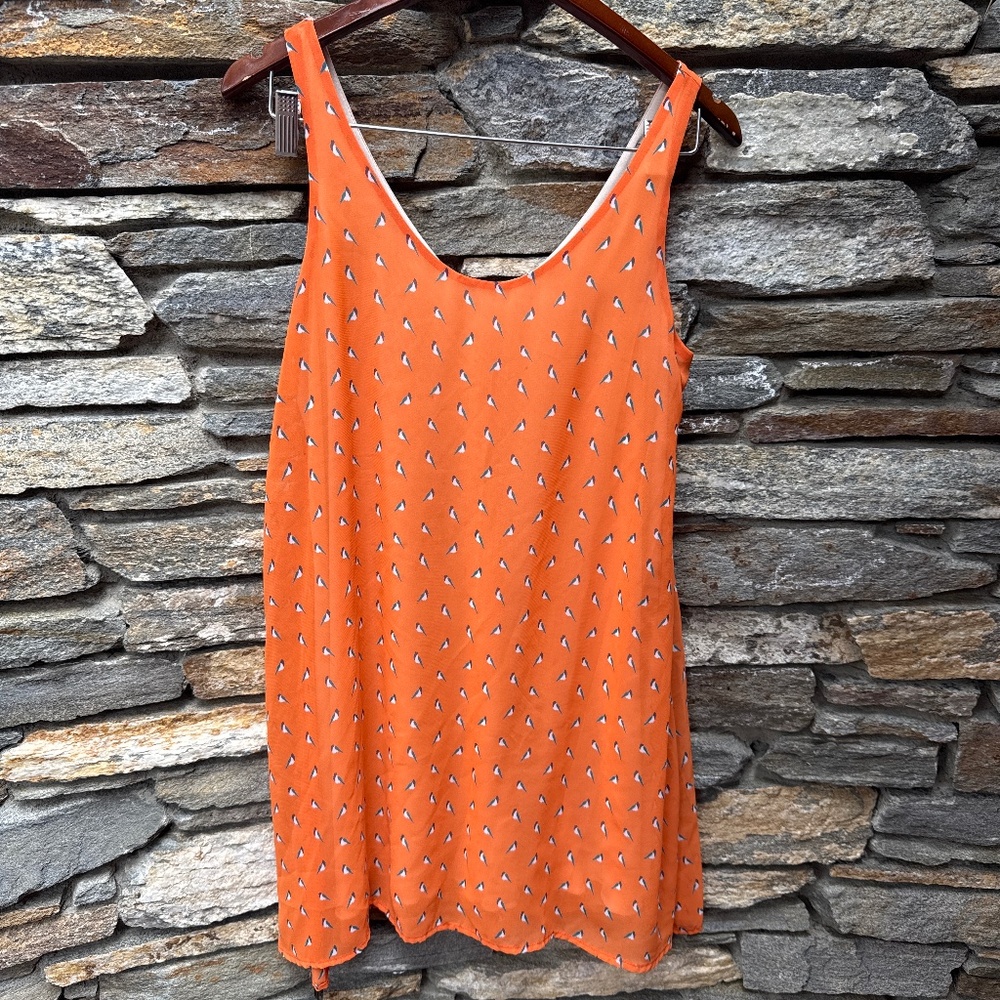 Bird print dress, orange sundress, loose sun dress